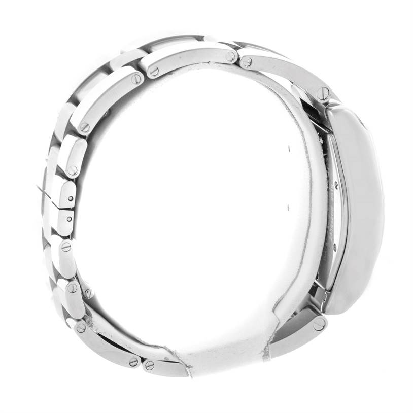 The image displays a side view of the Cartier Roadster W62025V3 Men's Stainless Steel Silver Dial W62025V3 Men's Stainless Steel Silver Dial watch's bracelet and case, highlighting the metal links and curvature.