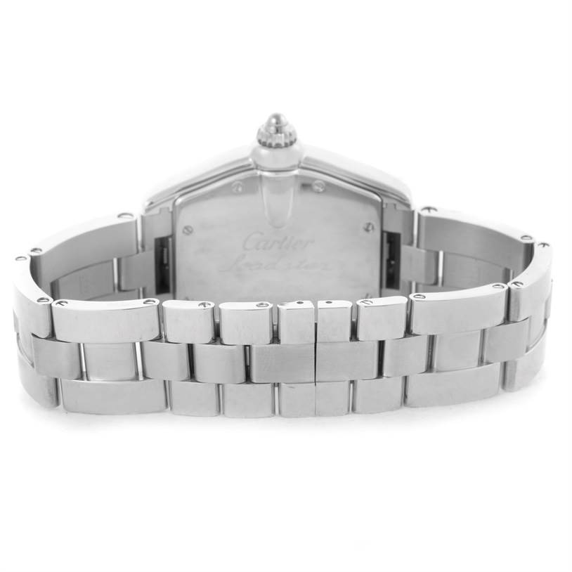 This Cartier Roadster W62025V3 Men's Stainless Steel Silver Dial W62025V3 Men's Stainless Steel Silver Dial watch is shown from the rear, displaying its case back and metallic bracelet.