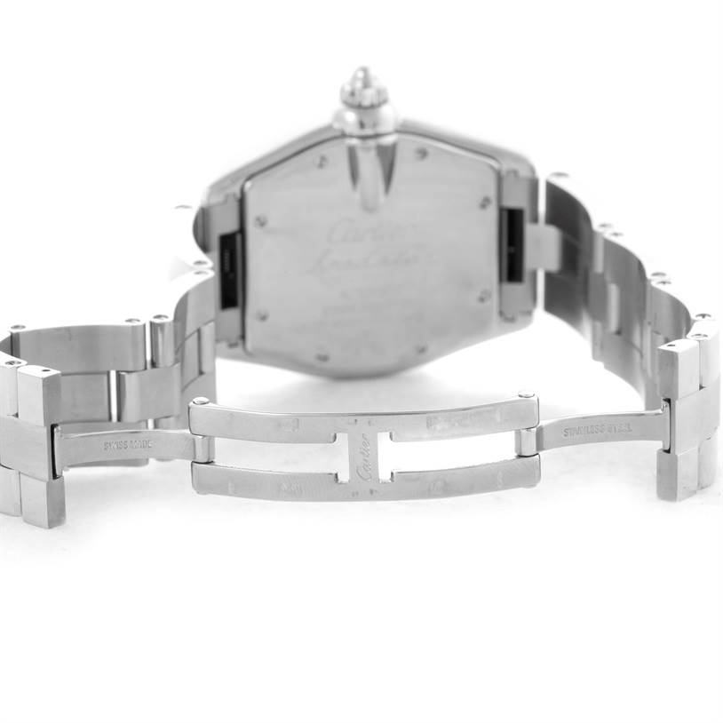 The image shows the backside and partially open bracelet of a Cartier Roadster W62025V3 Men's Stainless Steel Silver Dial W62025V3 Men's Stainless Steel Silver Dial watch.