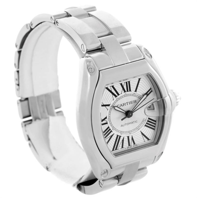 The image shows a Cartier Roadster W62025V3 Men's Stainless Steel Silver Dial W62025V3 Men's Stainless Steel Silver Dial watch from an angled view, highlighting the dial, case, and bracelet.