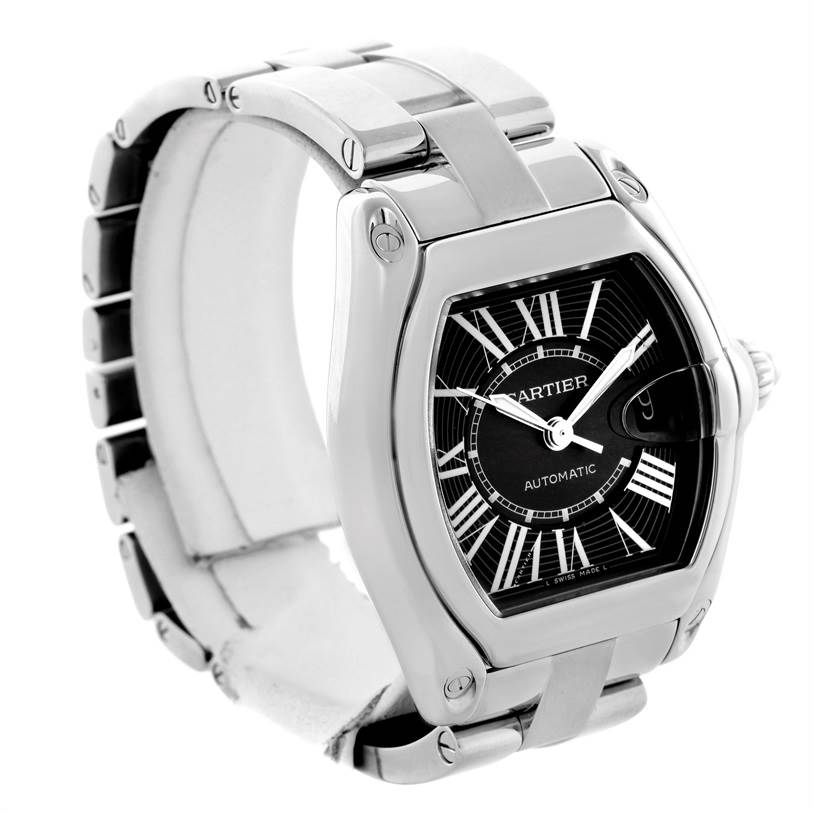 The image shows a three-quarter view of the Cartier Roadster W62041V3 Men's Stainless Steel Black Dial W62041V3 Men's Stainless Steel Black Dial watch, highlighting its face, bezel, and bracelet.