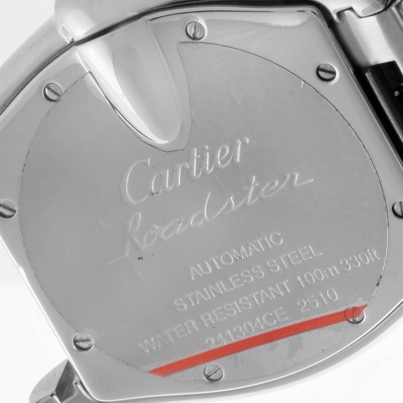 This image shows the stainless steel back casing of a Cartier Roadster W62041V3 Men's Stainless Steel Black Dial W62041V3 Men's Stainless Steel Black Dial watch, displaying its specifications and branding.