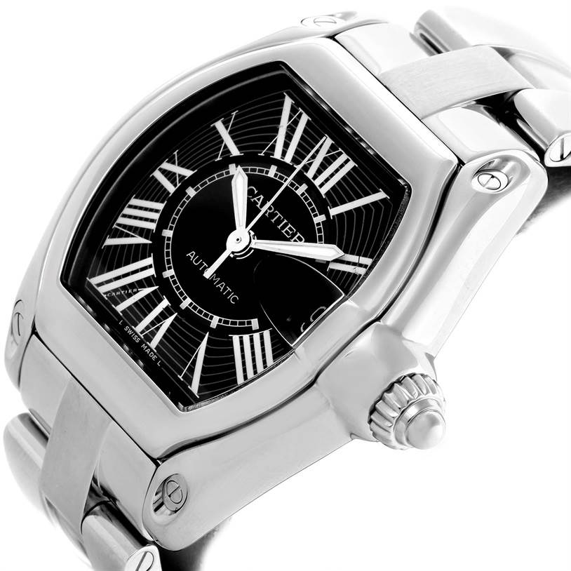 The Cartier Roadster W62041V3 Men's Stainless Steel Black Dial W62041V3 Men's Stainless Steel Black Dial watch is shown at a slight angle, highlighting its face, dial, bezel, lugs, and part of the bracelet.