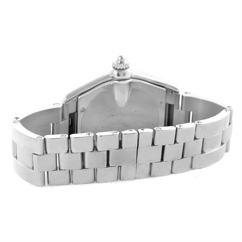 The image shows the back casing and metallic bracelet of a Cartier Roadster W62041V3 Men's Stainless Steel Black Dial W62041V3 Men's Stainless Steel Black Dial watch from a rear angle.