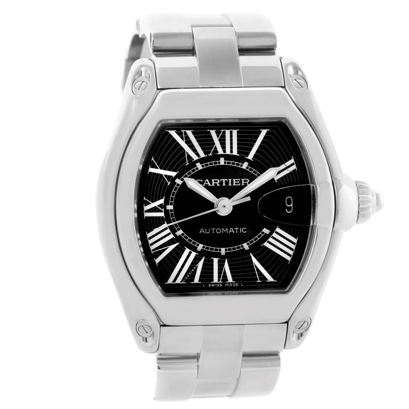 The image shows a front view of the Cartier Roadster W62041V3 Men's Stainless Steel Black Dial W62041V3 Men's Stainless Steel Black Dial watch, highlighting its face, bezel, and part of the bracelet.