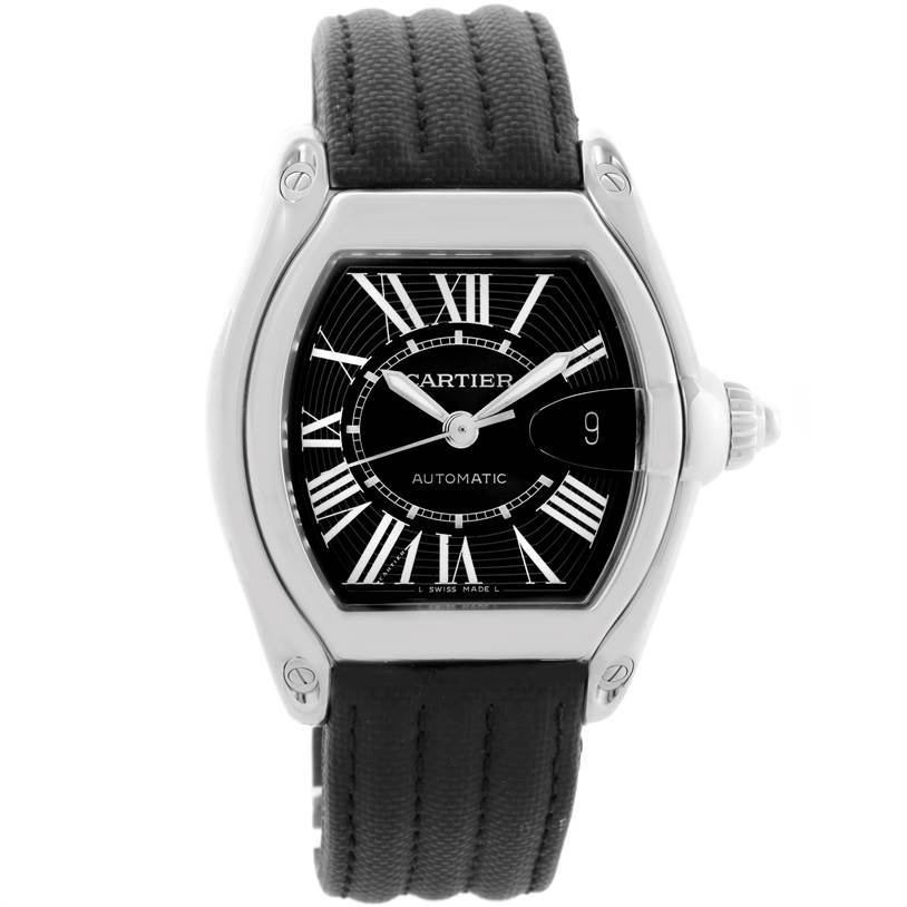 This image shows a front view of the Cartier Roadster W62041V3 Men's Stainless Steel Black Dial W62041V3 Men's Stainless Steel Black Dial watch with its full face, bezel, and strap visible.
