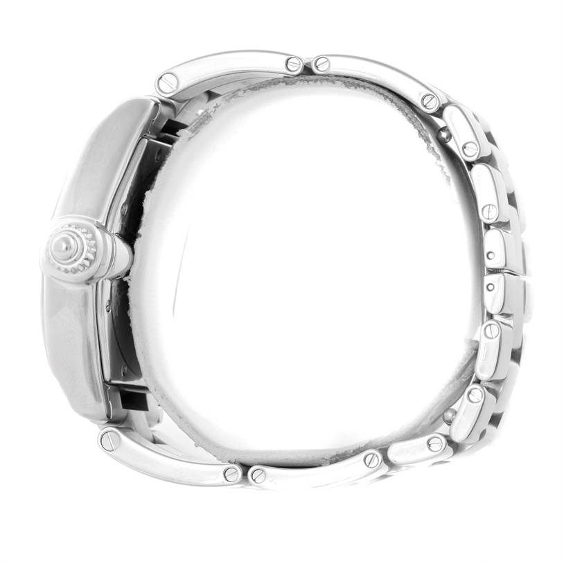 This image shows a side view of the Cartier Roadster W62041V3 Men's Stainless Steel Black Dial W62041V3 Men's Stainless Steel Black Dial watch, highlighting the crown and part of the metal bracelet.