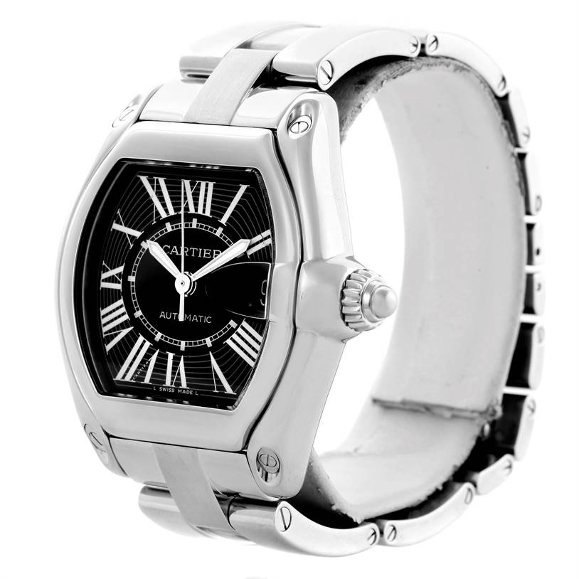 The image shows a Cartier Roadster W62041V3 Men's Stainless Steel Black Dial W62041V3 Men's Stainless Steel Black Dial watch from a three-quarter angle emphasizing its case, bracelet, and crown.
