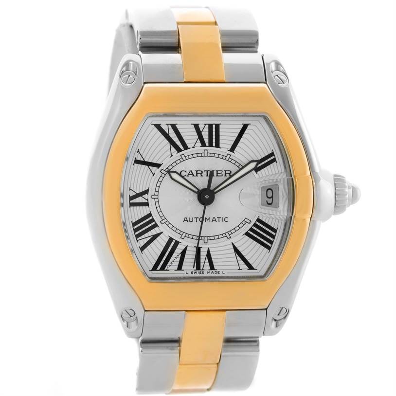 The image shows a Cartier Roadster W62031Y4 Men's Steel and Gold (two tone) Silver Dial W62031Y4 Men's Steel and Gold (two tone) Silver Dial watch from a front angle, displaying the face, dial, and part of the bracelet.