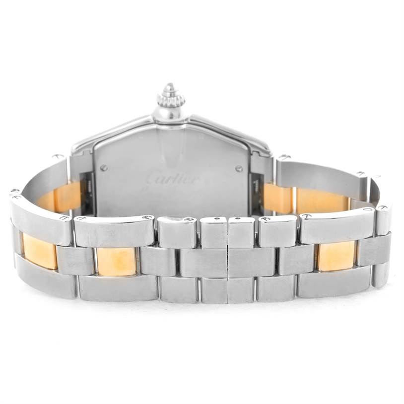 This image shows the back view of the Cartier Roadster W62031Y4 Men's Steel and Gold (two tone) Silver Dial W62031Y4 Men's Steel and Gold (two tone) Silver Dial watch focusing on its two-tone metal bracelet and clasp.