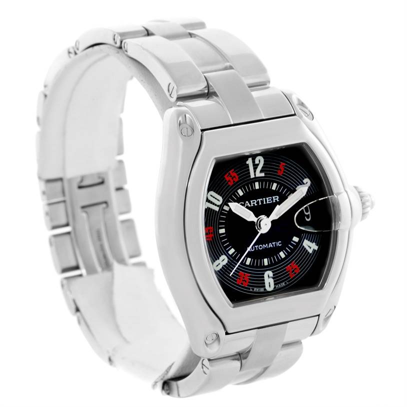 This Cartier Roadster W62002V3 Men's Stainless Steel Black Dial W62002V3 Men's Stainless Steel Black Dial watch is shown at an angled view, displaying its face, bracelet, and side crown.