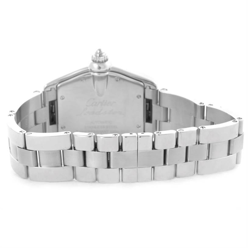 The image shows the back of the Cartier Roadster W62002V3 Men's Stainless Steel Black Dial W62002V3 Men's Stainless Steel Black Dial watch, highlighting the metal bracelet and case back.