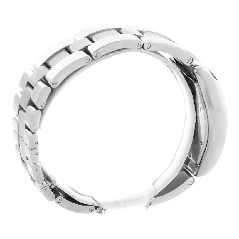 This image shows a side view of the bracelet, clasp, and part of the case of a Cartier Roadster W62002V3 Men's Stainless Steel Black Dial W62002V3 Men's Stainless Steel Black Dial watch.