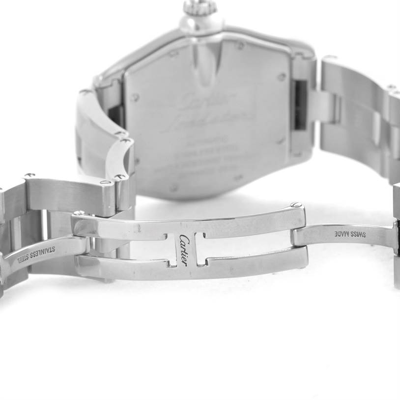 This image shows the back and partially opened clasp of the Cartier Roadster W62002V3 Men's Stainless Steel Black Dial W62002V3 Men's Stainless Steel Black Dial watch.