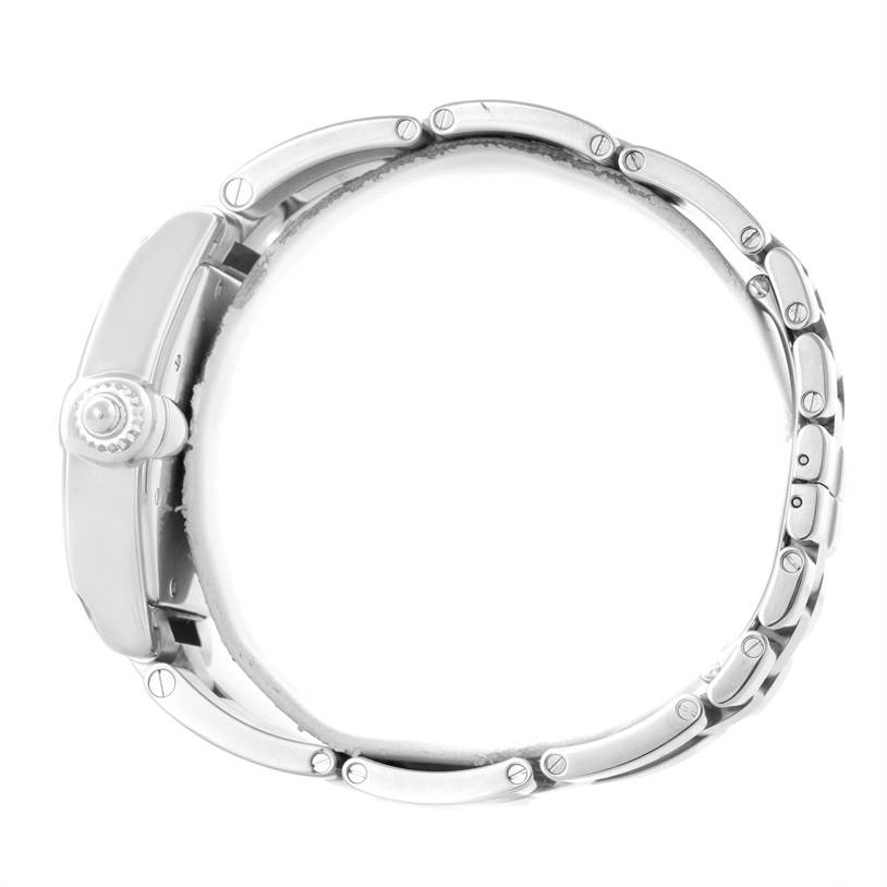 The image shows a side view of a Cartier Roadster W62002V3 Men's Stainless Steel Black Dial W62002V3 Men's Stainless Steel Black Dial watch, highlighting the crown and part of the metal bracelet.