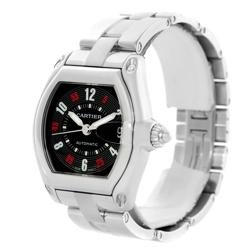 The image shows a front-side angle of the Cartier Roadster W62002V3 Men's Stainless Steel Black Dial W62002V3 Men's Stainless Steel Black Dial watch, highlighting its dial, hands, case, and bracelet.