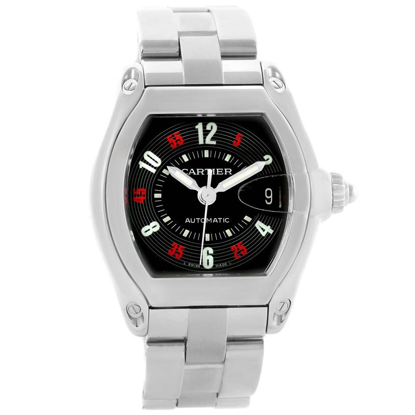 The watch is a Cartier Roadster W62002V3 Men's Stainless Steel Black Dial W62002V3 Men's Stainless Steel Black Dial model, shown from a front angle, detailing its face and stainless steel bracelet.