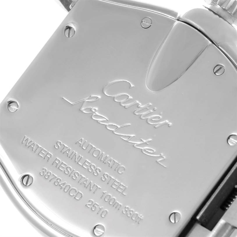 This image shows the back case of a Cartier Roadster W62002V3 Men's Stainless Steel Black Dial W62002V3 Men's Stainless Steel Black Dial watch, highlighting the engraved model details and specifications.