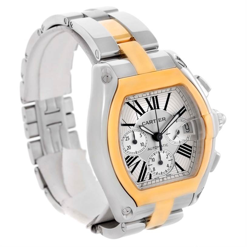 This Cartier Roadster W62027Z1 Men's Steel and Gold (two tone) Silver Dial W62027Z1 Men's Steel and Gold (two tone) Silver Dial model watch is shown from a front-side angle, highlighting the face and part of the metal bracelet.