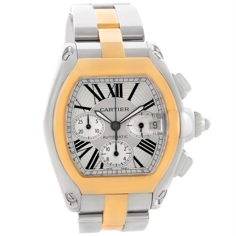 The Cartier Roadster W62027Z1 Men's Steel and Gold (two tone) Silver Dial W62027Z1 Men's Steel and Gold (two tone) Silver Dial watch is shown from a frontal view, displaying its dial, bracelet, and case.