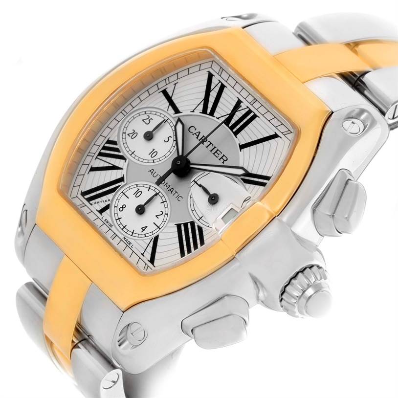 This image displays a Cartier Roadster W62027Z1 Men's Steel and Gold (two tone) Silver Dial W62027Z1 Men's Steel and Gold (two tone) Silver Dial watch from a front-angle view, highlighting the face, bezel, pushers, and partial bracelet.