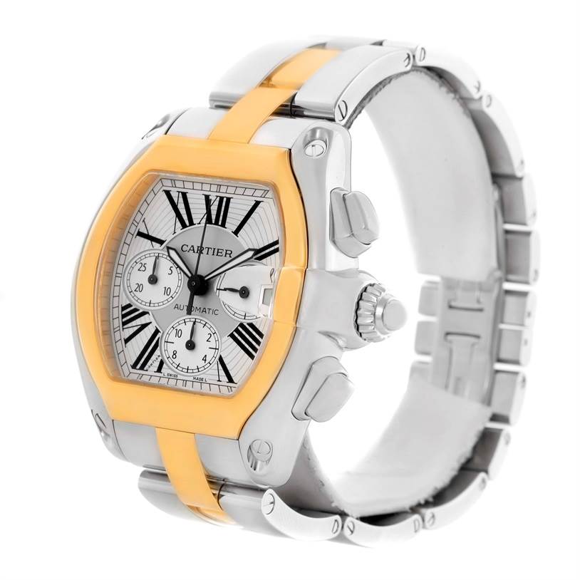 The Cartier Roadster W62027Z1 Men's Steel and Gold (two tone) Silver Dial W62027Z1 Men's Steel and Gold (two tone) Silver Dial watch is shown at a three-quarter angle, highlighting the face, crown, case, and part of the bracelet.