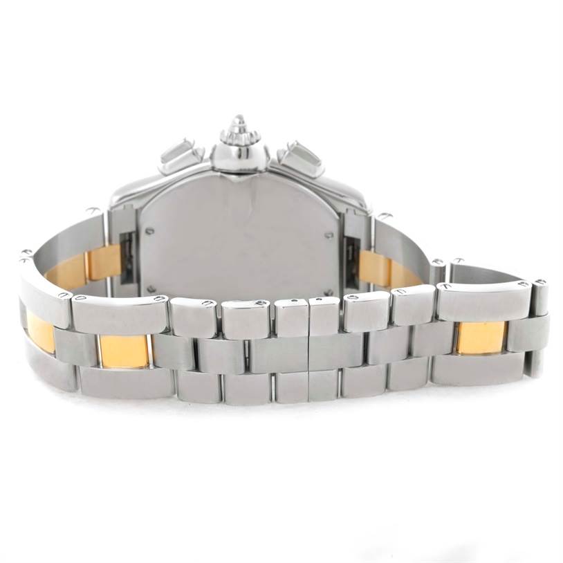 The image shows the back view of a Cartier Roadster W62027Z1 Men's Steel and Gold (two tone) Silver Dial W62027Z1 Men's Steel and Gold (two tone) Silver Dial watch focusing on its bracelet and clasp.