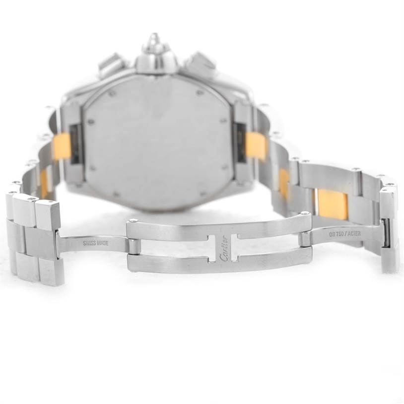 The image shows the back case, crown, and metal bracelet of a Cartier Roadster W62027Z1 Men's Steel and Gold (two tone) Silver Dial W62027Z1 Men's Steel and Gold (two tone) Silver Dial watch.