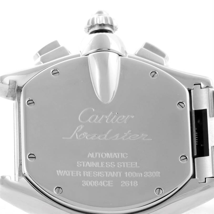 The image shows the back case of a Cartier Roadster W62007X6 Men's Stainless Steel Black Dial W62007X6 Men's Stainless Steel Black Dial watch, highlighting its stainless steel composition and water resistance.