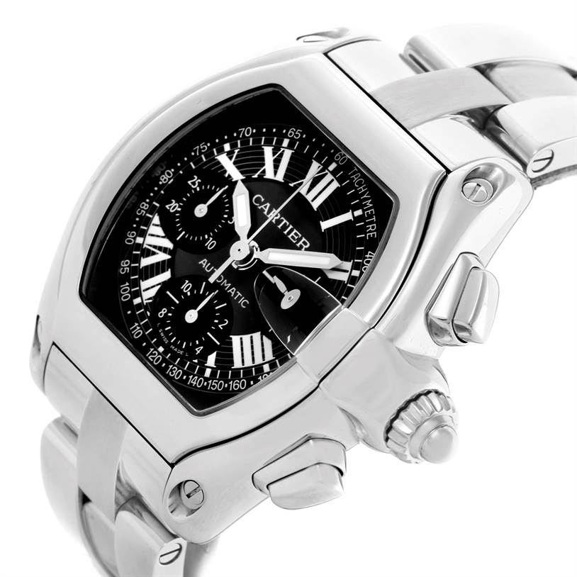 The image shows a close-up, angled view of the Cartier Roadster W62007X6 Men's Stainless Steel Black Dial W62007X6 Men's Stainless Steel Black Dial's face, crown, and part of the stainless steel strap.