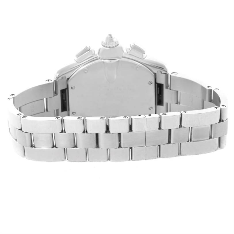 The image shows the back view of a Cartier Roadster W62007X6 Men's Stainless Steel Black Dial W62007X6 Men's Stainless Steel Black Dial watch, highlighting its stainless steel bracelet and case back.