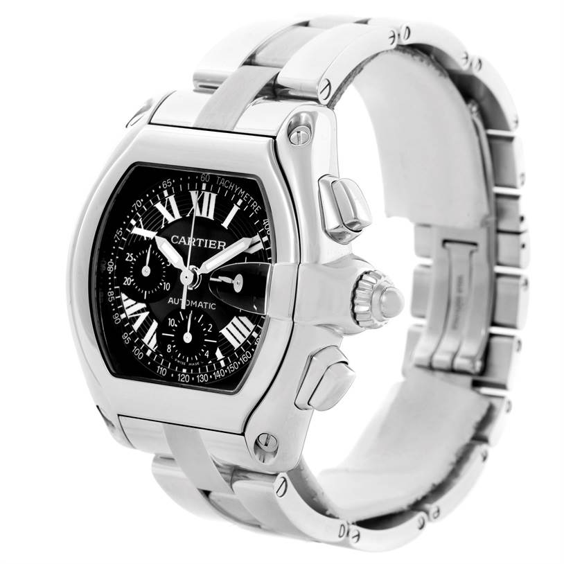 The Cartier Roadster W62007X6 Men's Stainless Steel Black Dial W62007X6 Men's Stainless Steel Black Dial watch is shown at a 3/4 angle, highlighting the stainless steel case, black dial, and metal bracelet.