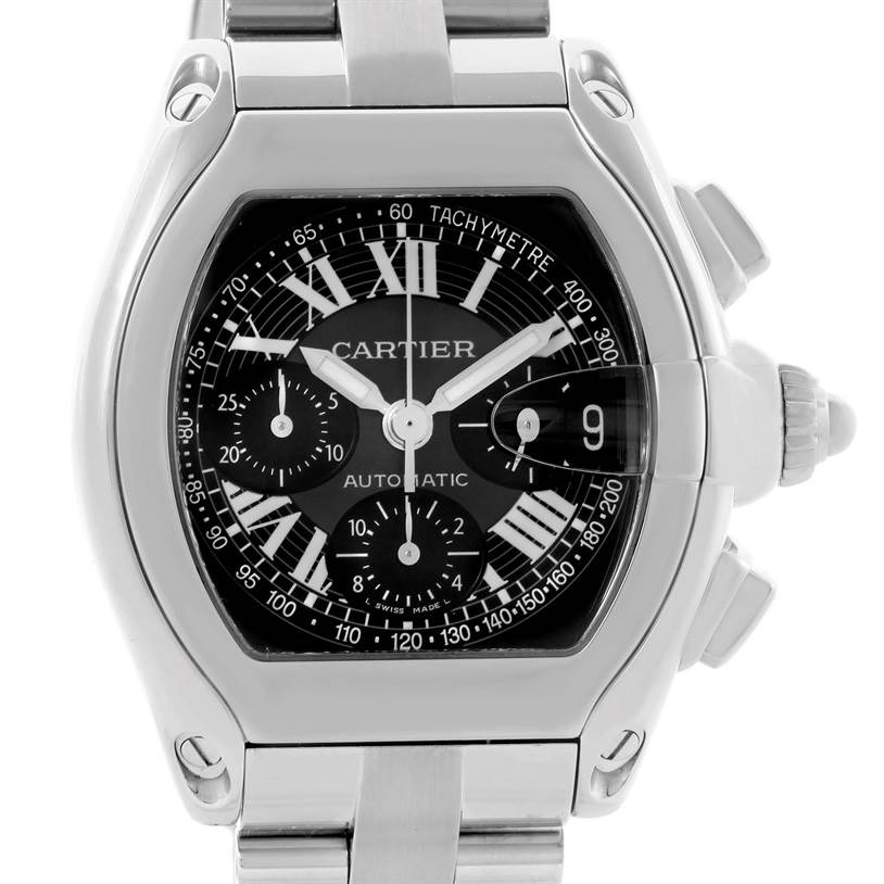 This image shows a front view of the Cartier Roadster W62007X6 Men's Stainless Steel Black Dial W62007X6 Men's Stainless Steel Black Dial watch, highlighting its face, bezel, and metal bracelet.