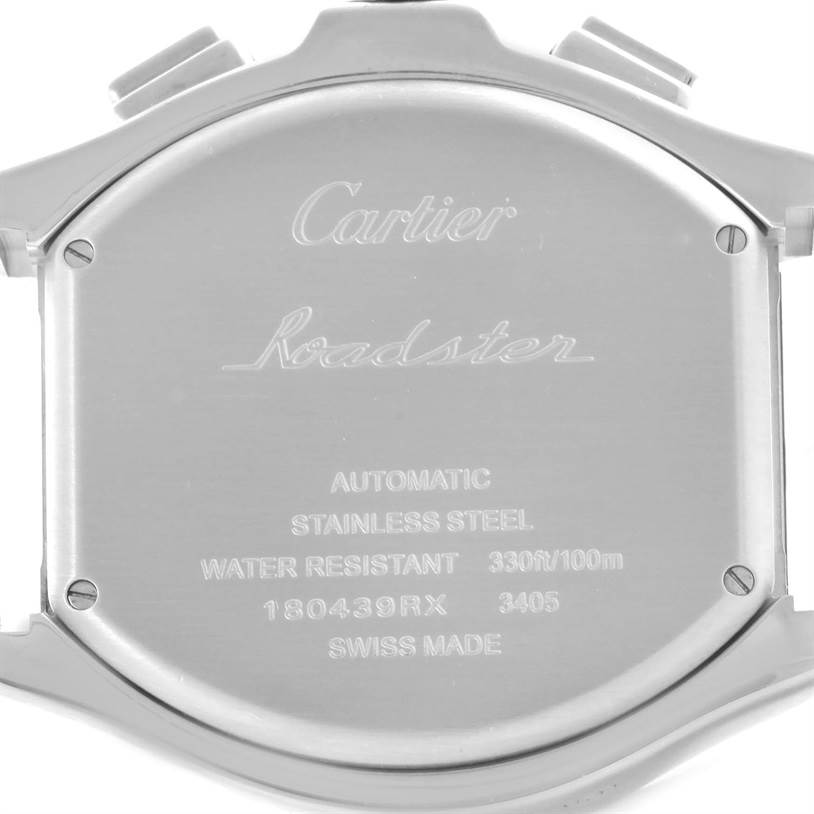This image shows the back case of a Cartier Roadster W6206020 Men's Stainless Steel Silver Dial W6206020 Men's Stainless Steel Silver Dial watch, including markings for material, water resistance, and model details.