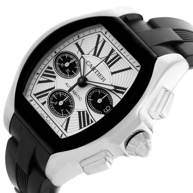 The image shows a close-up angle of the Cartier Roadster W6206020 Men's Stainless Steel Silver Dial W6206020 Men's Stainless Steel Silver Dial watch, highlighting the dial, Roman numeral hour markers, subdials, and crown.