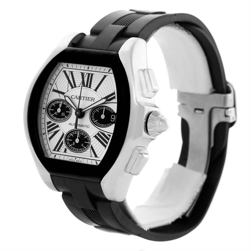 The image shows a Cartier Roadster W6206020 Men's Stainless Steel Silver Dial W6206020 Men's Stainless Steel Silver Dial watch from an angled side view, highlighting the face, bezel, rubber strap, and crown.