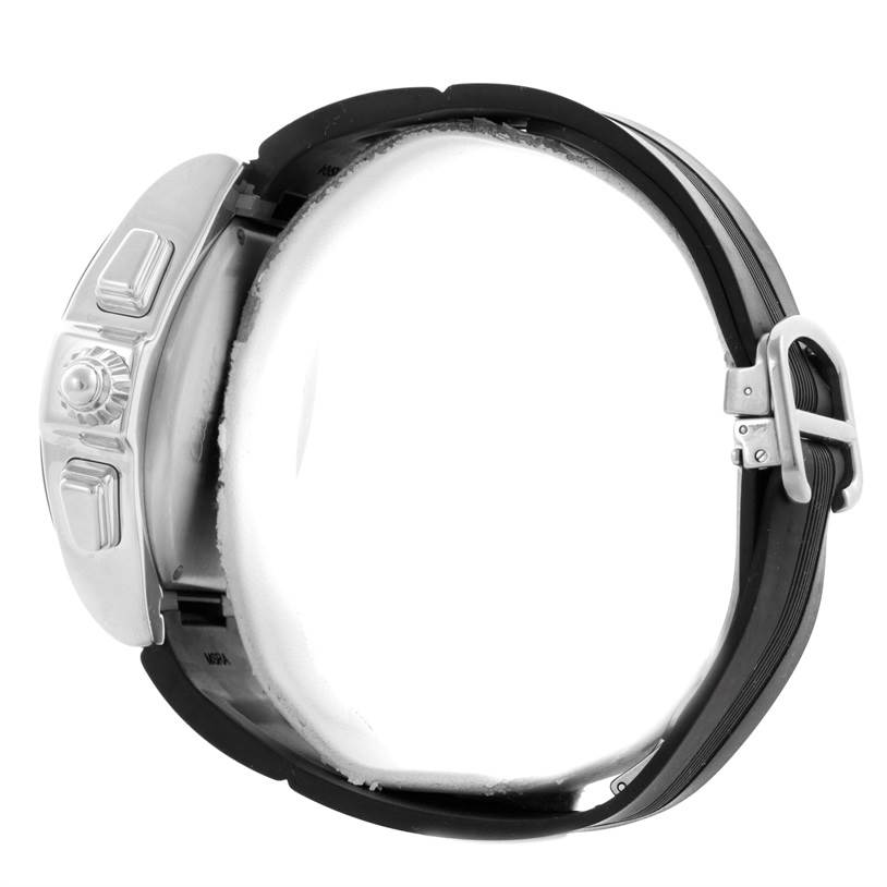 The image shows a side view of the Cartier Roadster W6206020 Men's Stainless Steel Silver Dial W6206020 Men's Stainless Steel Silver Dial watch, highlighting its crown, pushers, and the strap with a buckle.