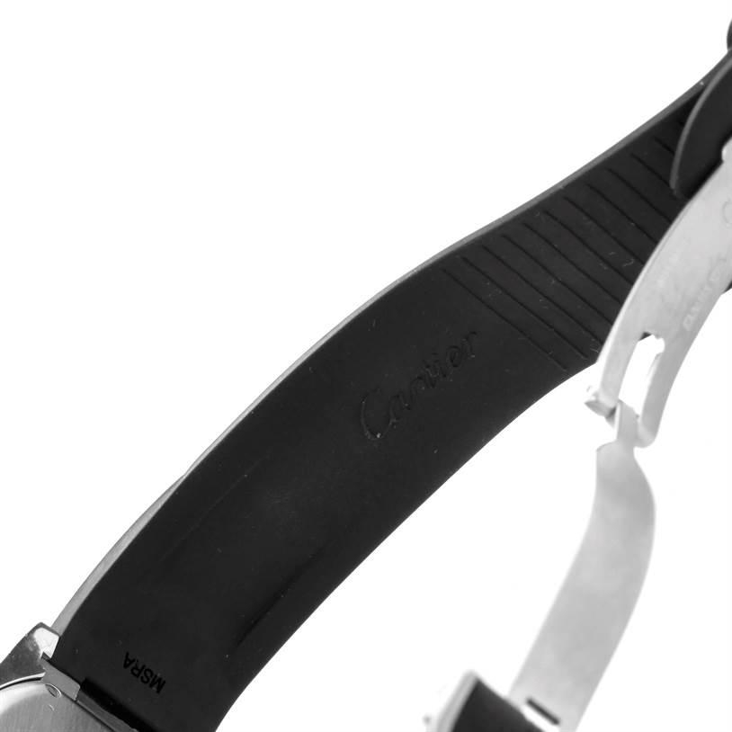 This image shows the rubber strap and clasp of the Cartier Roadster W6206020 Men's Stainless Steel Silver Dial W6206020 Men's Stainless Steel Silver Dial watch from a close-up angle.
