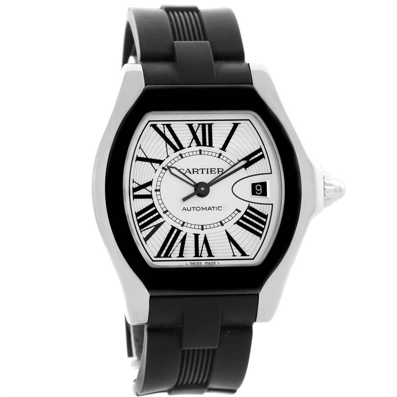 This image shows the front view of the Cartier Roadster W6206018 Men's Stainless Steel Silver Dial W6206018 Men's Stainless Steel Silver Dial watch, showcasing its dial, case, crown, and part of the strap.