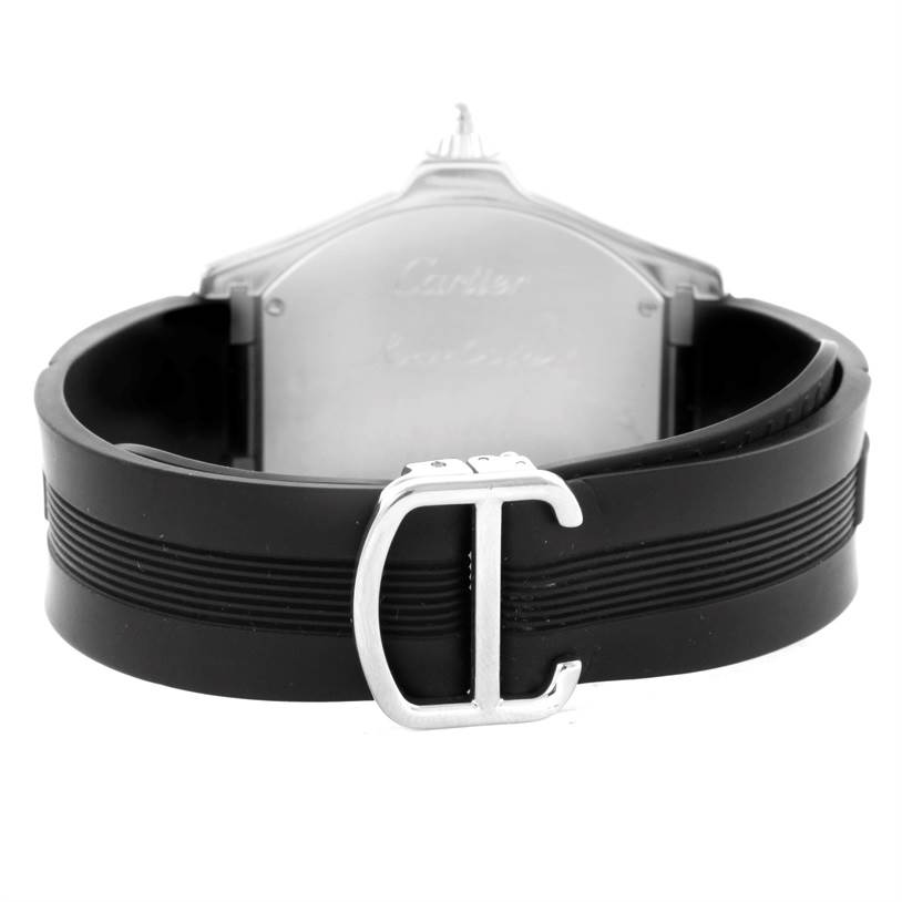 The image shows the back of a Cartier Roadster W6206018 Men's Stainless Steel Silver Dial W6206018 Men's Stainless Steel Silver Dial watch and the rubber strap with a distinctive "C" clasp.