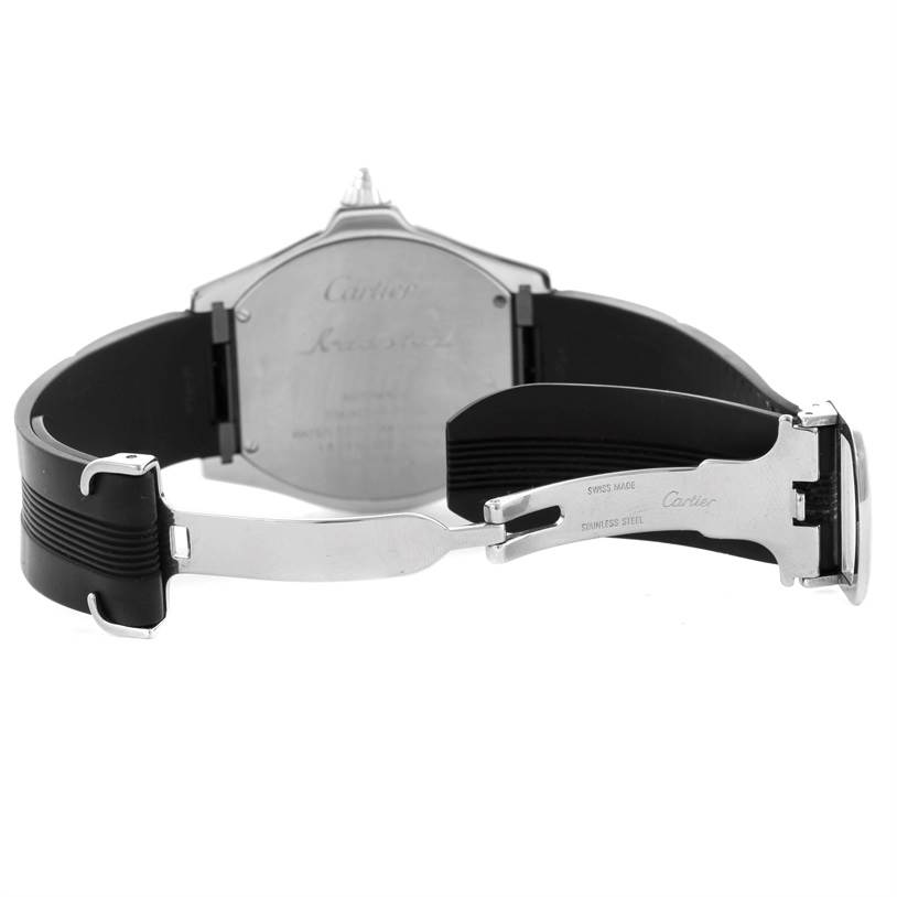 The image shows the back view of the Cartier Roadster W6206018 Men's Stainless Steel Silver Dial W6206018 Men's Stainless Steel Silver Dial watch with its black strap and clasp visible.