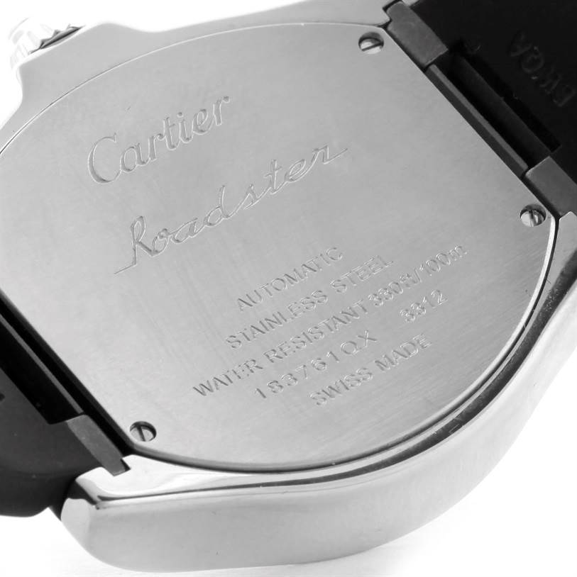 This image displays the back case of a Cartier Roadster W6206018 Men's Stainless Steel Silver Dial W6206018 Men's Stainless Steel Silver Dial watch, highlighting its engravings and stainless steel material.