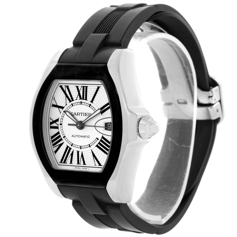 The Cartier Roadster W6206018 Men's Stainless Steel Silver Dial W6206018 Men's Stainless Steel Silver Dial watch is shown at a three-quarter angle, highlighting its face, case, crown, and black rubber strap.