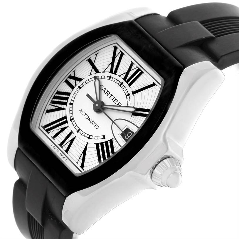 The image shows a Cartier Roadster W6206018 Men's Stainless Steel Silver Dial W6206018 Men's Stainless Steel Silver Dial model watch from an angled front view, highlighting the face, case, and part of the strap.
