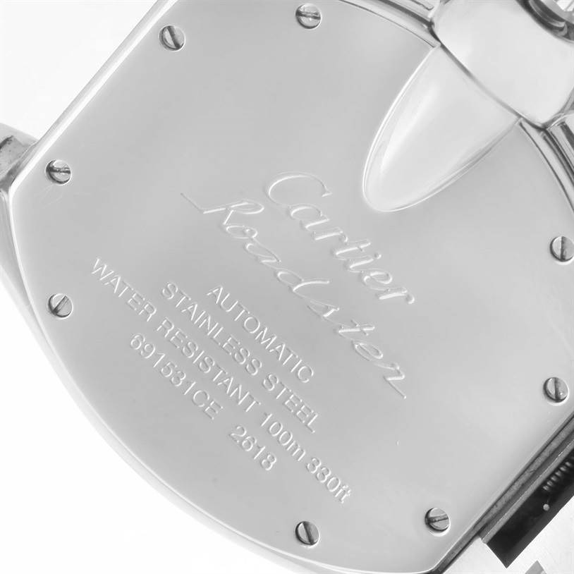 This image shows the back case of a Cartier Roadster W62019X6 Men's Stainless Steel Silver Dial W62019X6 Men's Stainless Steel Silver Dial watch, detailing its specifications.