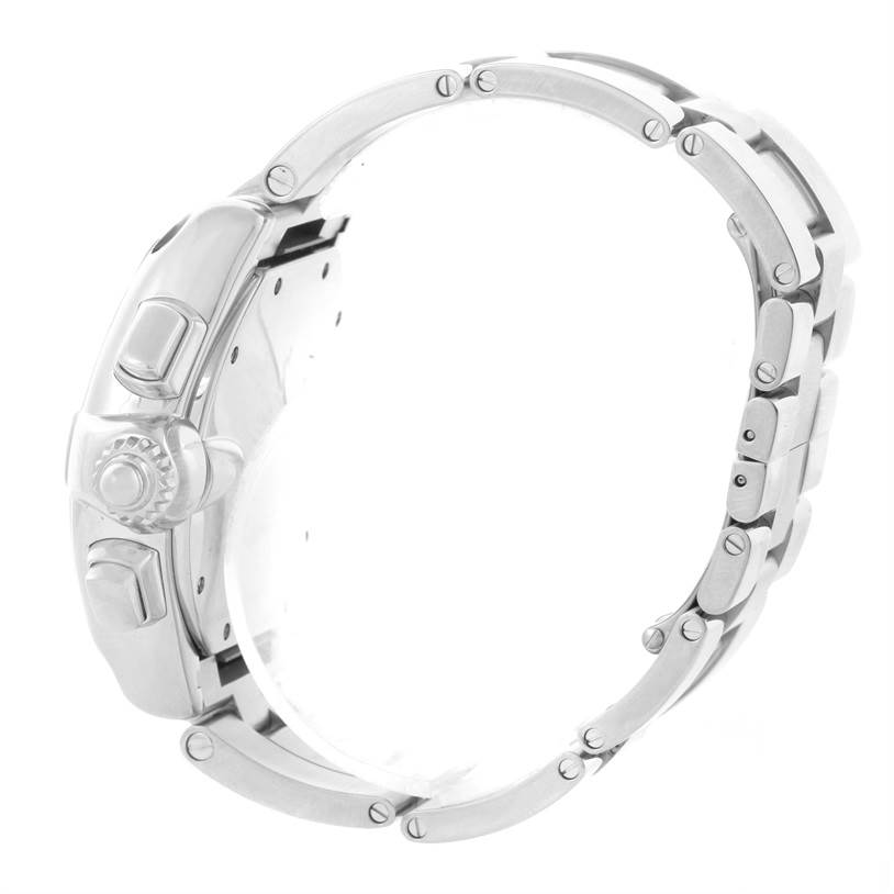 The image shows a side view of the Cartier Roadster W62019X6 Men's Stainless Steel Silver Dial W62019X6 Men's Stainless Steel Silver Dial watch, focusing on the crown and the bracelet links.