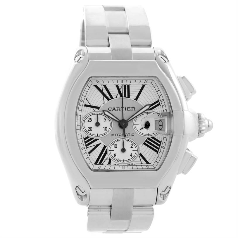 This image shows a frontal view of the Cartier Roadster W62019X6 Men's Stainless Steel Silver Dial W62019X6 Men's Stainless Steel Silver Dial watch, highlighting its face, bezel, and bracelet.