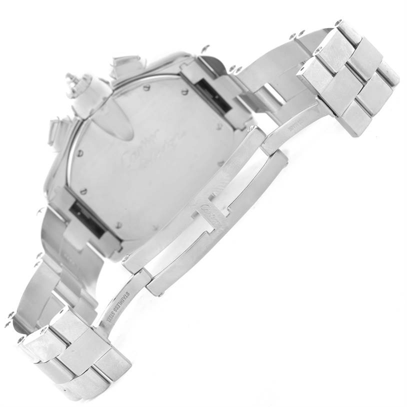The image shows the back and bracelet of a Cartier Roadster W62019X6 Men's Stainless Steel Silver Dial W62019X6 Men's Stainless Steel Silver Dial watch, showcasing its metal links and clasp.