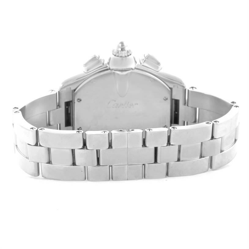 The image shows the back view of a Cartier Roadster W62019X6 Men's Stainless Steel Silver Dial W62019X6 Men's Stainless Steel Silver Dial watch, highlighting its clasp and bracelet links.