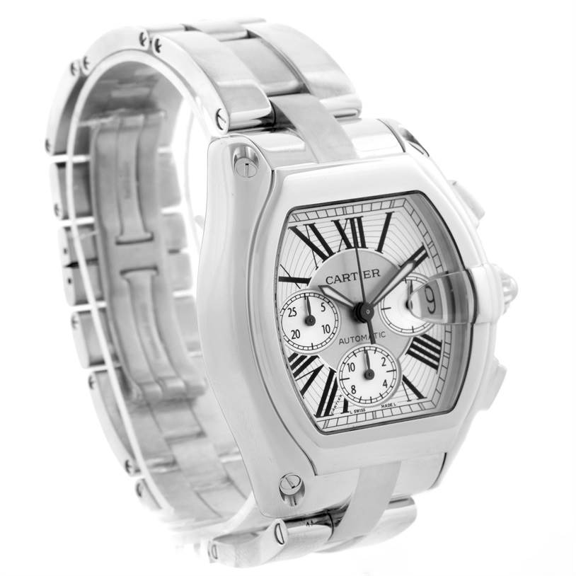 The image shows a Cartier Roadster W62019X6 Men's Stainless Steel Silver Dial W62019X6 Men's Stainless Steel Silver Dial watch angled to display the face, bezel, and part of the bracelet.
